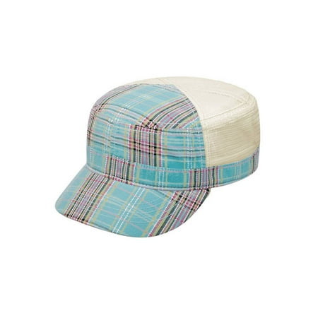 Poly Mesh Cap - Women's Sky Blue Plaid Cadet Cap w/ Mesh Back