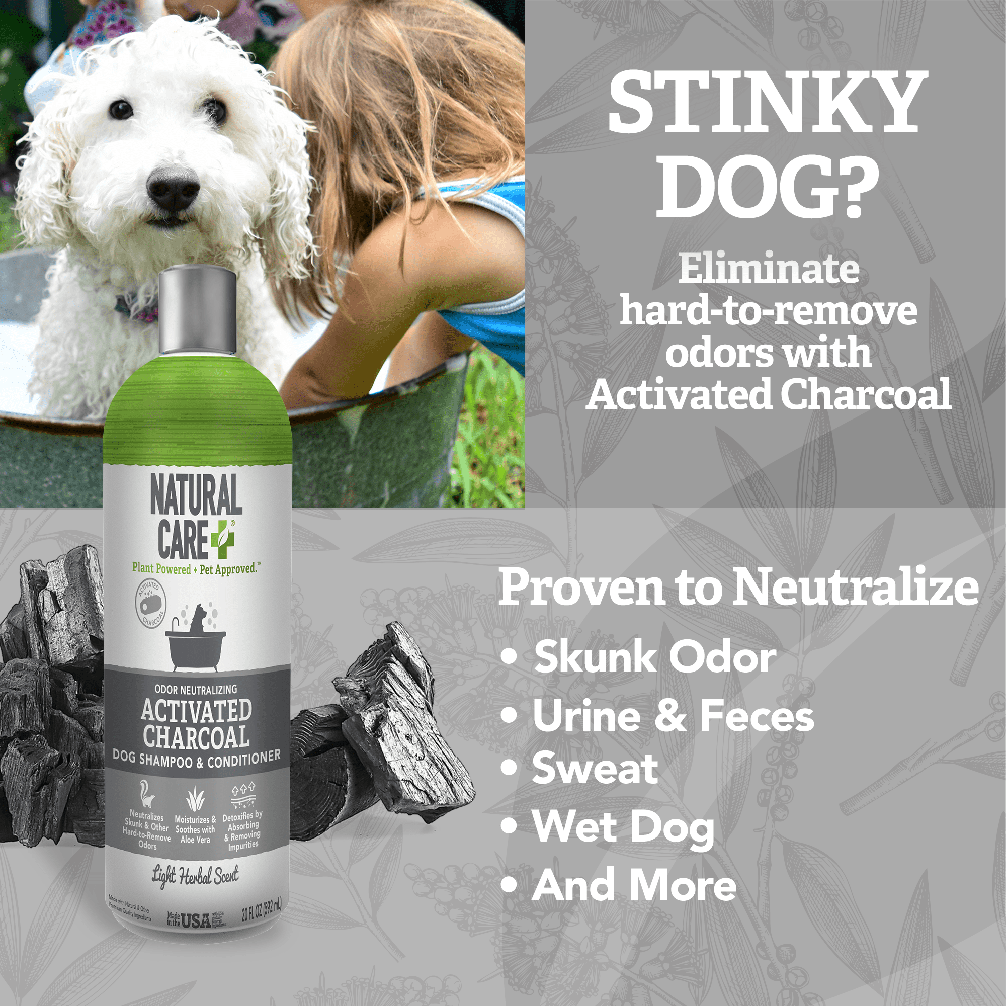 Natural Care Charcoal Shampoo for Dogs - Light Herbal Scent- 20oz.