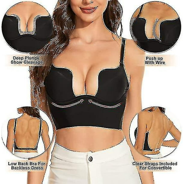 Womens Low Back Bra Wire Lifting Deep U Shaped Plunge Backless Bra With  Convertible Clear Straps 