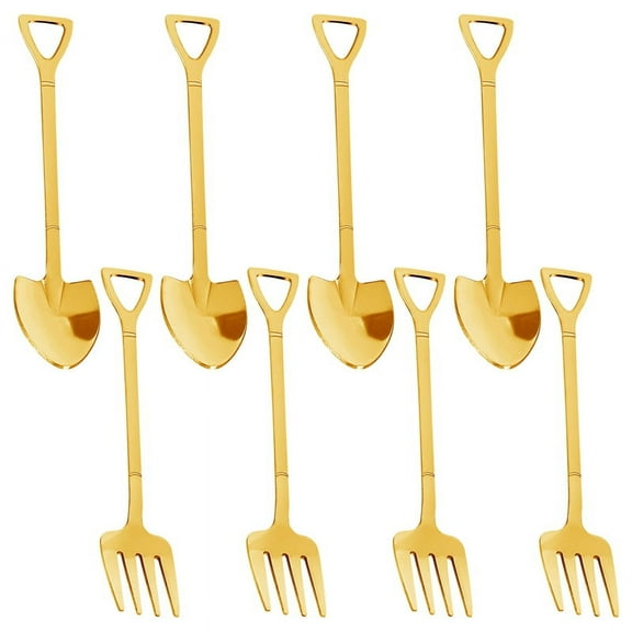 8 Pieces Shovel Spoon Fork Shovel Coffee Spoon Shovel Handle Dessert Spoon Ice Cream Spoon Shovel Shape Fork (Gold)