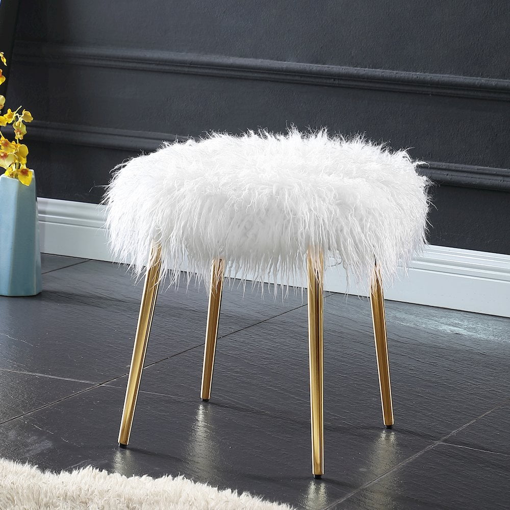 Roundhill Furniture Ravni Faux Fur Accent Ottoman in White/Rose Gold Legs