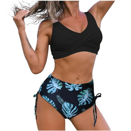 LONKITO Bikini Sets for Women Two Piece Print Sexy Backless Halter Beach Swimwear Set Black L