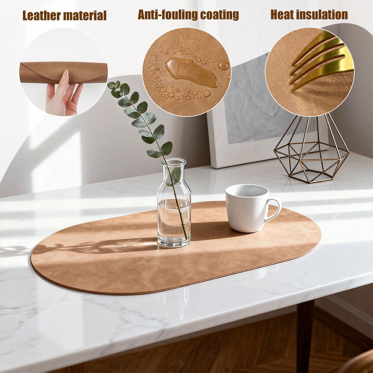 Waterproof Table Mats,Heat Resistant Oval Placemats Set of 8 Washable 12 x 17 inch,Wipeable Place Mats for Kitchen,Dining Room,Light Brown