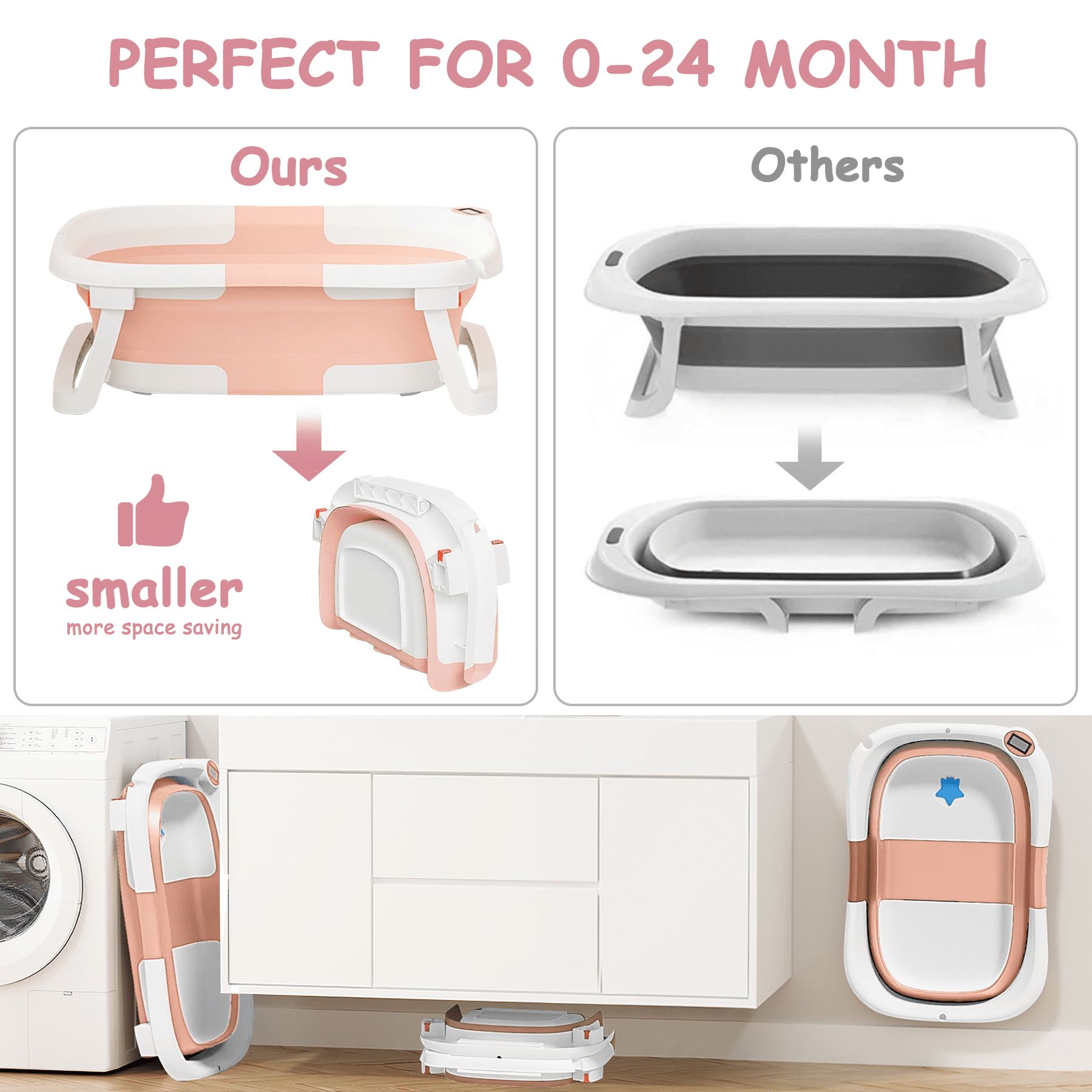 Baby Bathtub, Collapsible Newborn Bathtub for Infant to Toddler 0-36 Months with Soft Cushion+Baby Tub Sling and Thermometer, Portable Travel Bathtub, Foldable Infant Bathtub with No-Slip Feet, Pink