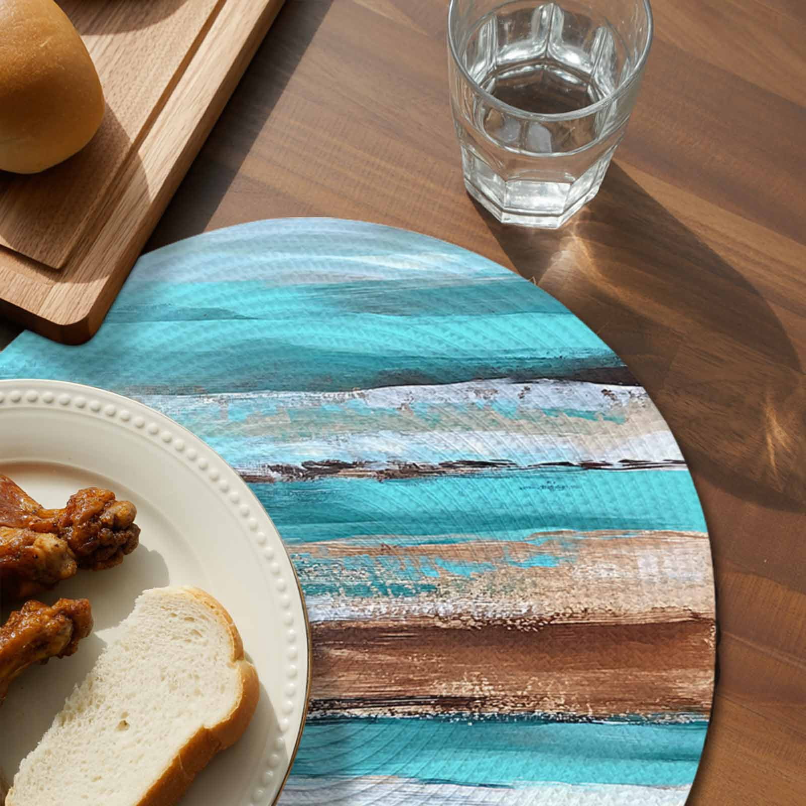 Turquoise Brown Round 13 Inch Placemats Set of 6, Abstract Wood Grain Gradient Stripes HeatResistant Non Slip Place Mats for Dining Table, Wipeable Braided Kitchen Table Mats for Housewarming
