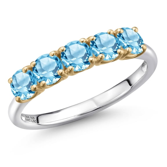 Gem Stone King 925 Silver and 10K Yellow Gold Swiss Blue Topaz Wedding-Bands Ring for Women | 1.78 Cttw | Round 4MM | Gemstone November Birthstone | Size 7