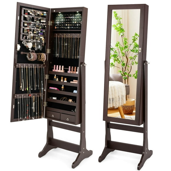 Costway Lockable Mirrored Jewelry Storage Cabinet Armoire Organizer w/ Stand LED Lights
