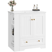 IRONCK 30" Bathroom Vanity with Ceramic Sink, Freestanding Bathroom Cabinet with Drawers, Doors and Side Storage, White