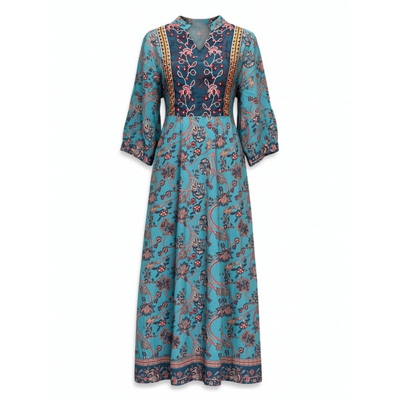 Women's Boho Paisley Floral Print Maxi Dress Long Sleeve Split V Neck Teal Embroidered Swing Resort Dress