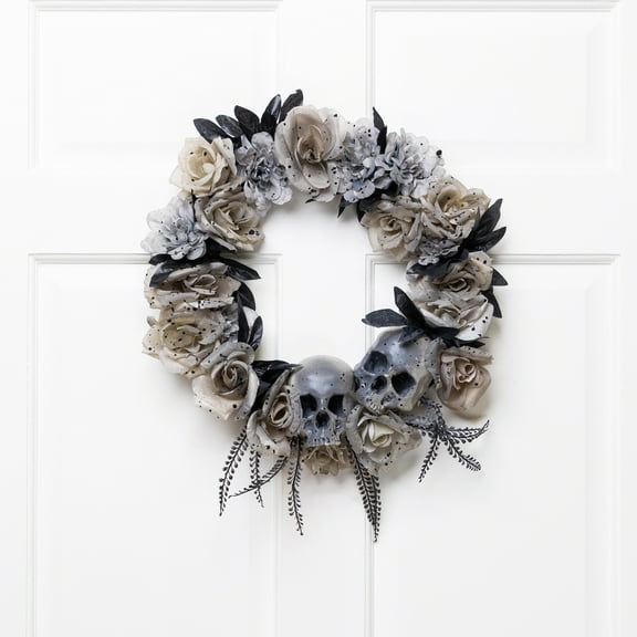 Northlight Double Skull and Roses Artificial Halloween Wreath- 16" - Unlit