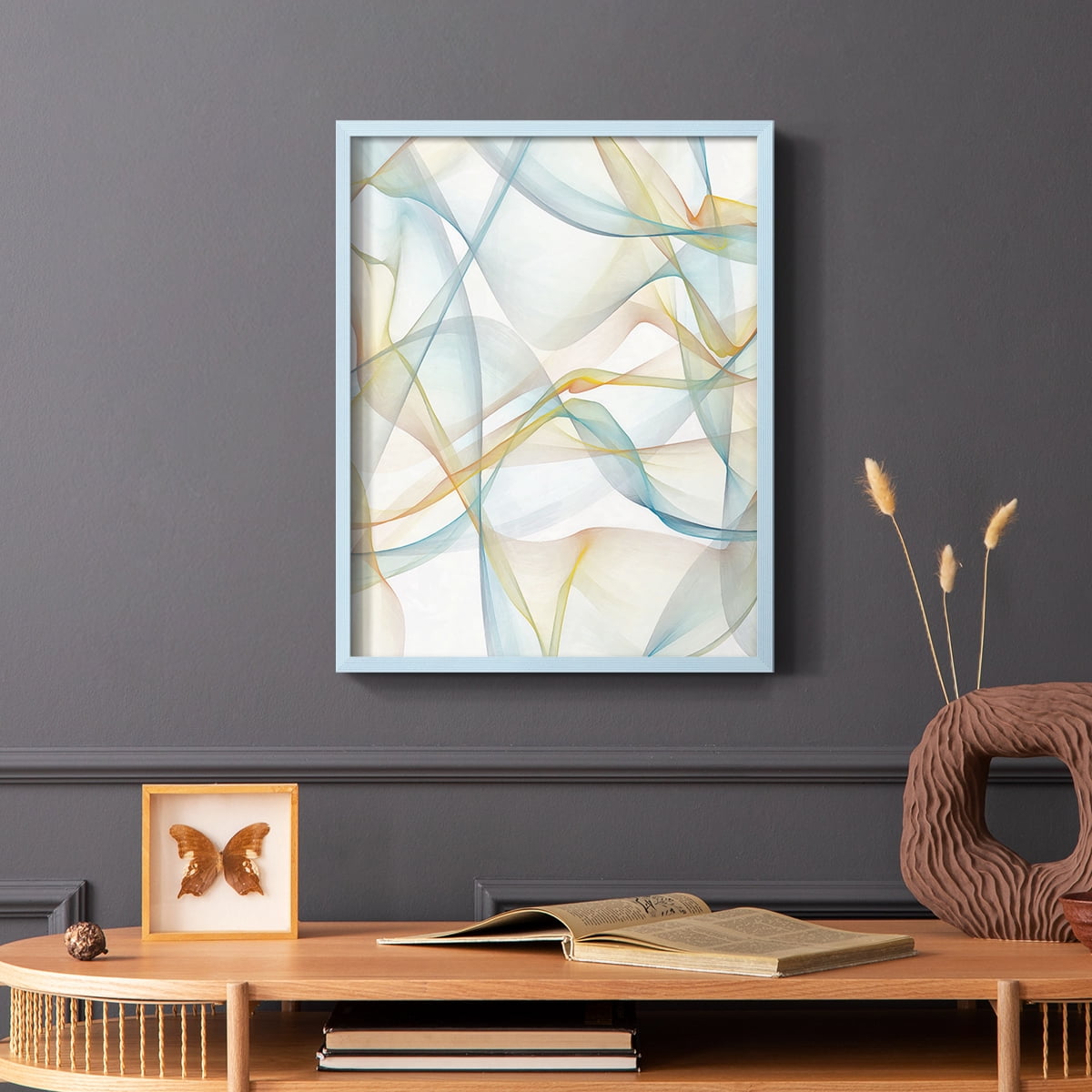 Curves and Waves IV Framed Print in Blue Solid Wood Framed Print No Nail Hanging