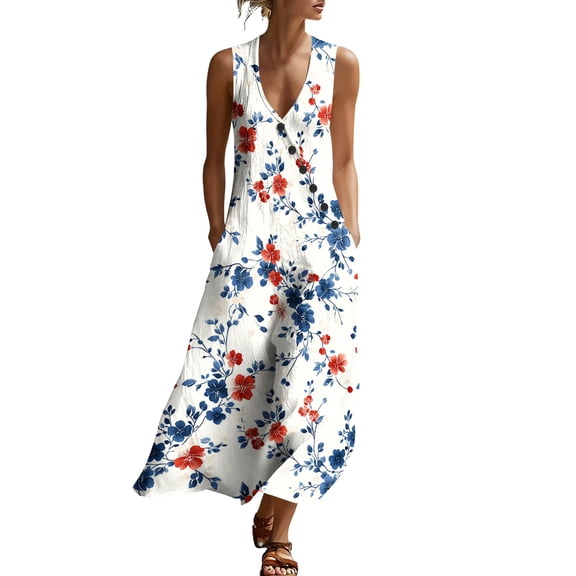 WRKEKC Floral Dress for Women Print V Neck Sleeveless Loose Silhouette Midi Easy Care Stretch Chic