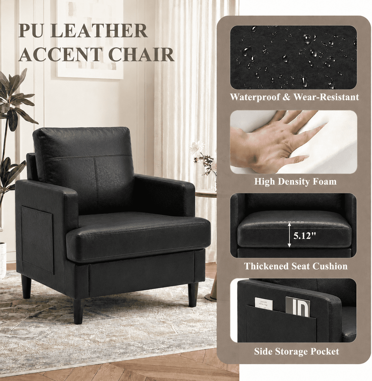 MOONMISS Modern Accent Chair Set of 2,PU Leather Single Sofa with Wood Legs,Reading Armchair for Living Room,Bedroom,Office,Black