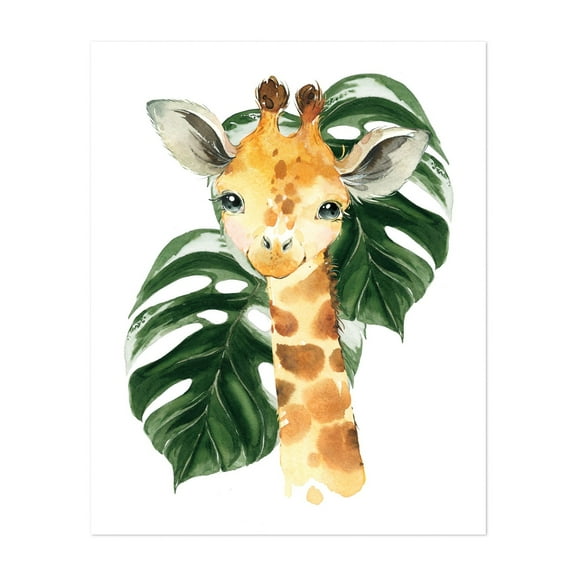 Giraffe, Jungle Animals, Safari Animals, Palm Leaves, Gender Neutral Nursery - Illustration Watercolor Animal Jungle Tropical Monstera Unframed Wall Art Print 6 x 8 inches