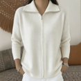 thumbnail image 2 of LEKODE Lapel Collar Full-Zip Knit Cardigan Lightweight Wool Blend Sweater for Women Long Sleeve Casual Fall Outer Coat White L, 2 of 5