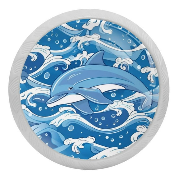 PhooArto Dolphin and Blue Wave Pattern 4 PCS Crystal Glass Cabinet Knobs, Drawer Kitchen Cabinets Dresser Cupboard Wardrobe Pulls Handle - Glowing in the Dark