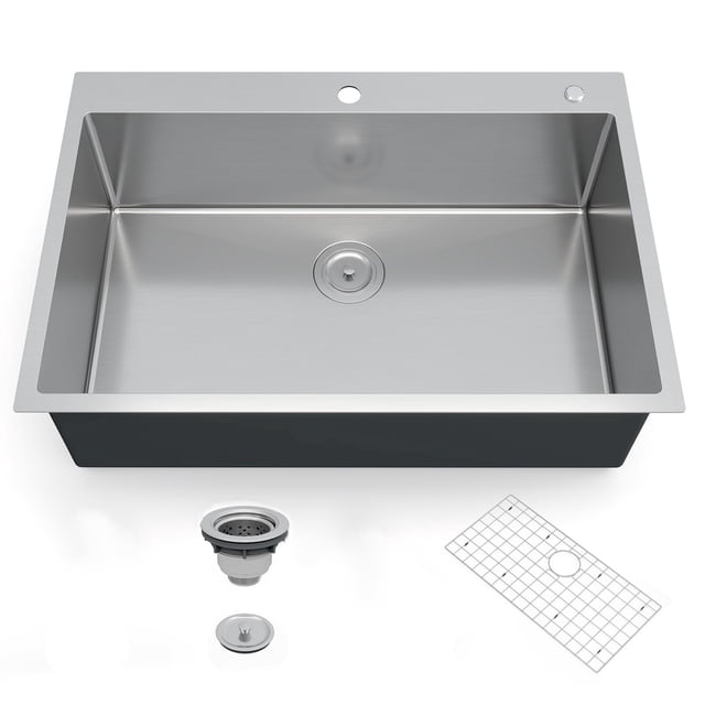 Yiwa Drop-in Kitchen Sink, 304 Stainless Steel, 1.35mm Thick Handmade Design with Brushed Finish, Comes with Cutting Board, Dish Rack, and Bottom Mat