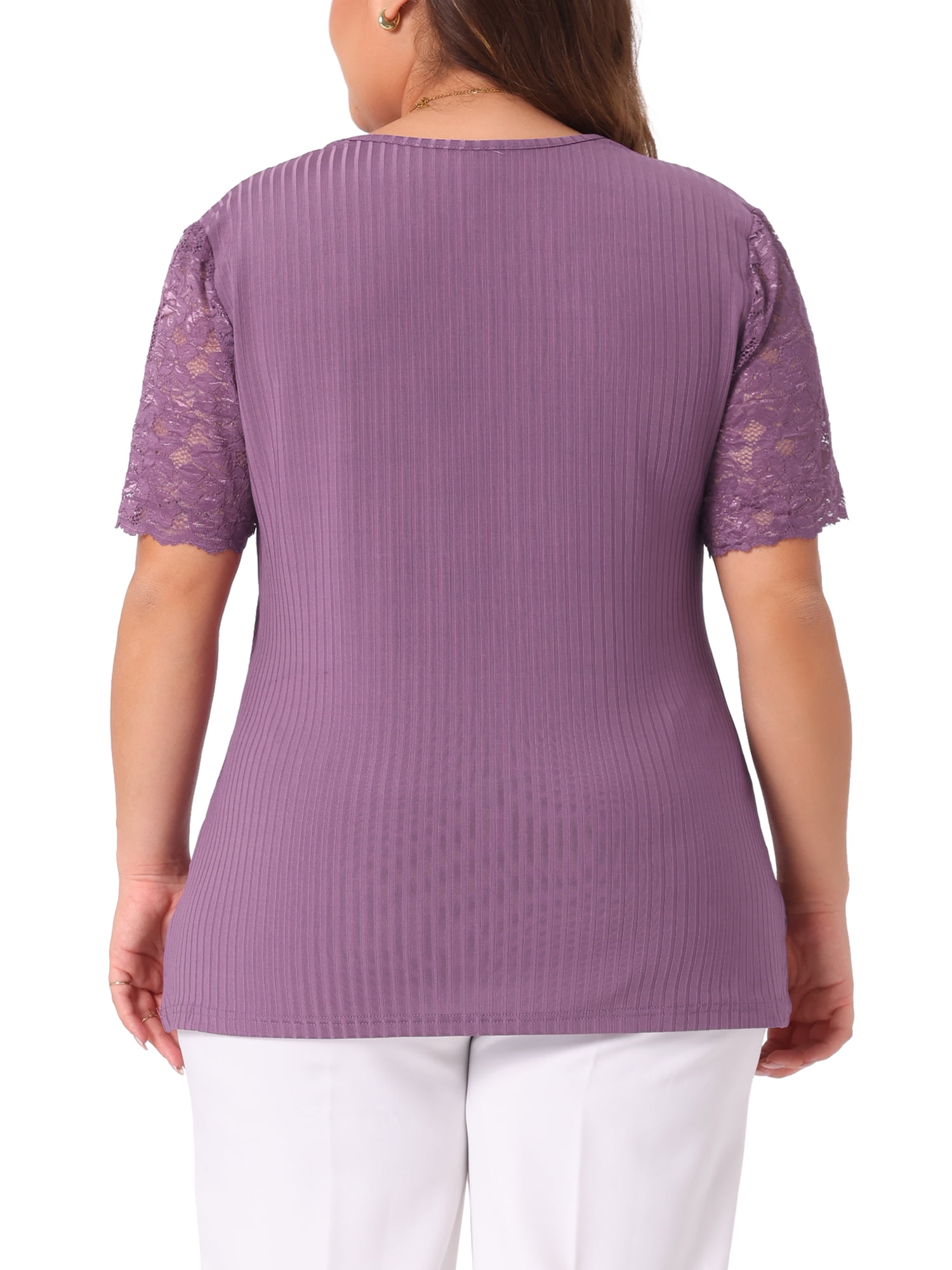 DARING DIVA Women's Plus V Neck Short Sleeve Lace Ribbed Knit Blouse 3X Purple
