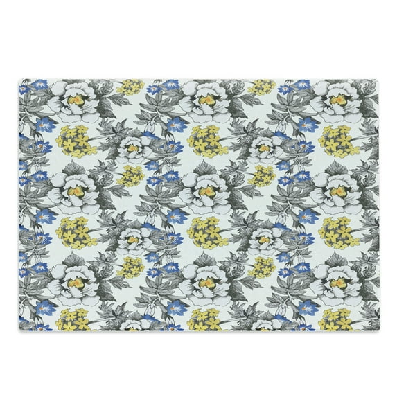 Garden Cutting Board, Romantic Peony Hydrangea and Blue Violet Blossoms in Sketch Art Style, Decorative Tempered Glass Cutting and Serving Board, Large Size, Dark Grey Yellow, by Ambesonne