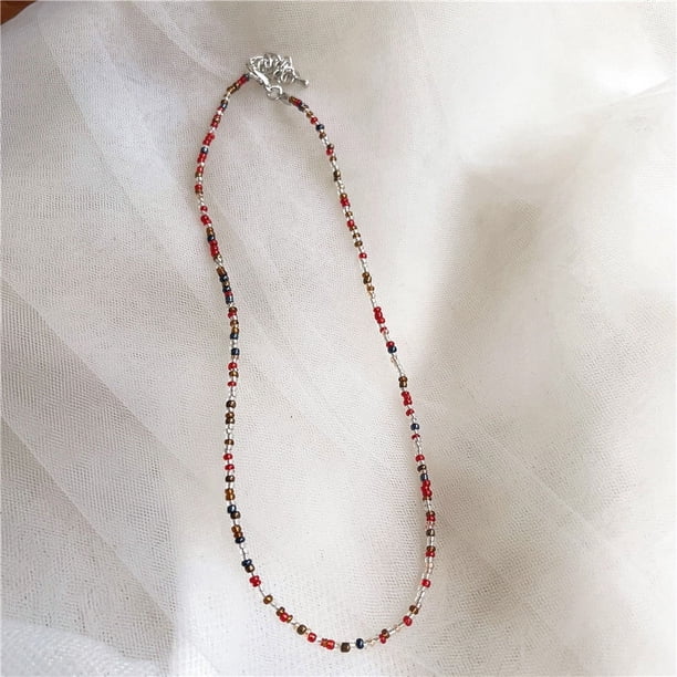 Zhuge Gargantilla de cuentas de semillas de arcoíris, collar de cuentas de vidrio de colores, collar de cuentas de arroz, collar hecho a mano, gargantilla de playa, cadena de joyería estilo J