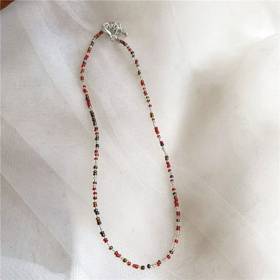Namzi Boho Rainbow Seed Bead Choker Necklace Colorful Glass Bead Necklace Rice Bead Collar Necklace Handmade Necklace Beach Choker Chain Jewelry-Style J