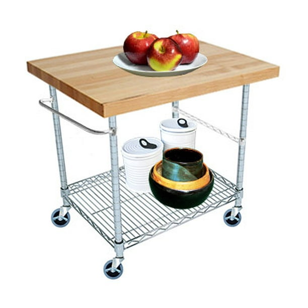 2 Tier Gourmet Cart with 20" Deep x 28" Wide Maple Butcher Block Top
