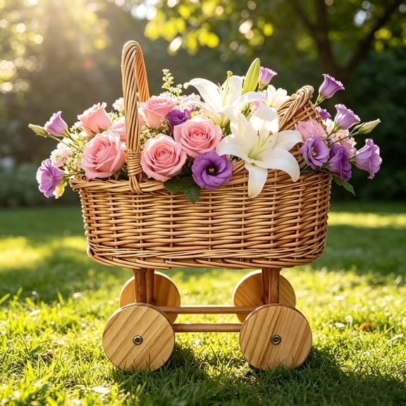 AYktou Faux Wicker Carriage Flower Basket, Vintage Imitated Rattan Weave Handcart Handcrafted Storage Basket Fruit Basket, Decorative Cart Storage with Handle for Floral Arrangement Wedding Festival