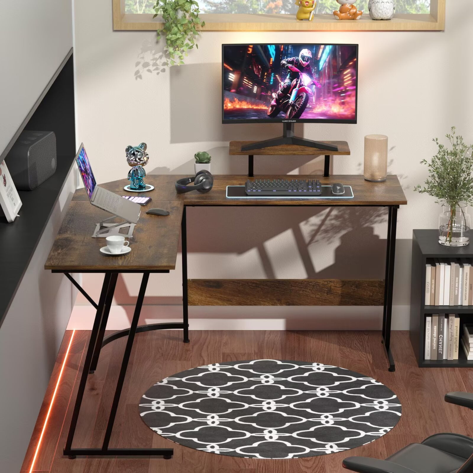 YRLLENSDAN 50 Inch L shaped Corner Gaming Desk, Adjustable Computer Desk with Large Desktop, Home Office Desk with Monitor Stand, for Home and Work Place, Brown