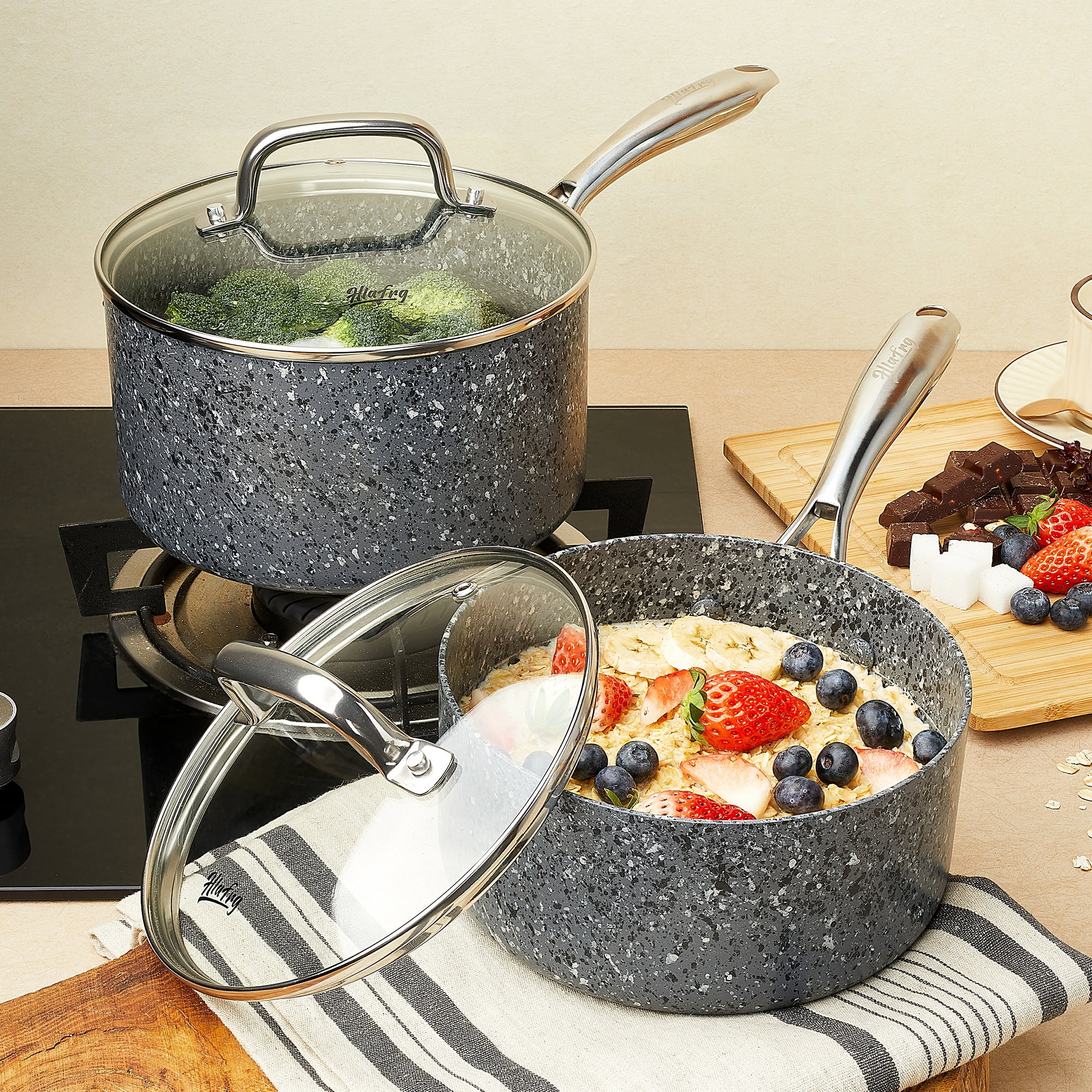HLAFRG Kitchen Nonstick Saucepan Set – 1QT & 2QT Sauce Pan Set with Lids – Multipurpose Pots Set for Home Kitchen or Restaurant, Dishwasher Safe, Grey