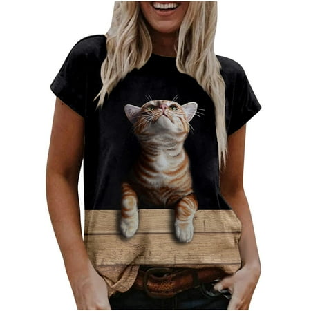 

Crop Tops for Women Tunic Tops Women Casual T-shirt Cat Printed Round Neck Short Sleeve Pullover Blouse Tops Womens Workout Tops Summer Savings Clearance 2022 Black Shirts for Women Brown 2XL