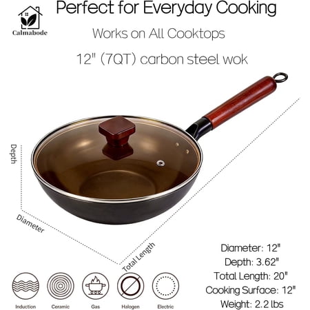 12 Inch Pre-Seasoned Carbon Steel Wok - Fast Even Heating Induction Compatible Non-Stick Commercial Grade