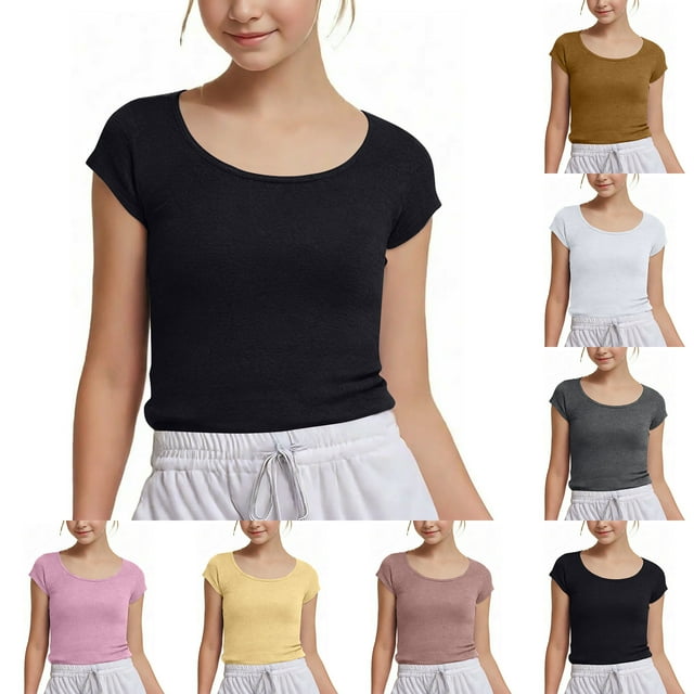 Crop Tops for Girls Short Sleeve Shirt Girls Summer Tops Square Neck Slim Fit Tops Basic Tee