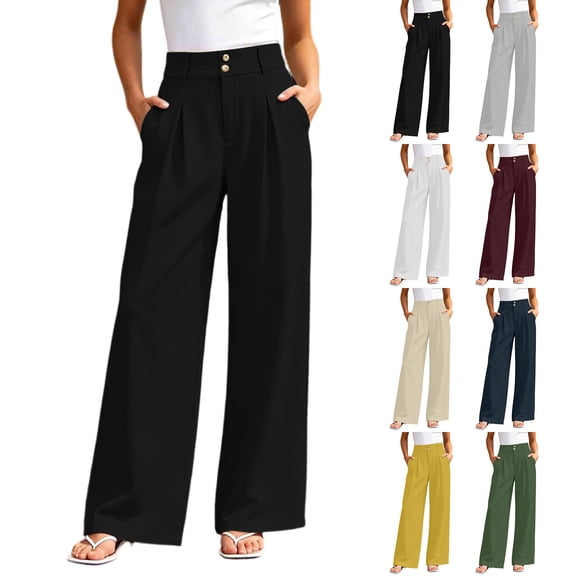Women Wide Leg Pants High Waisted Dress Work Trousers Pleated Button Business Casual with Pockets Black XL(XL)