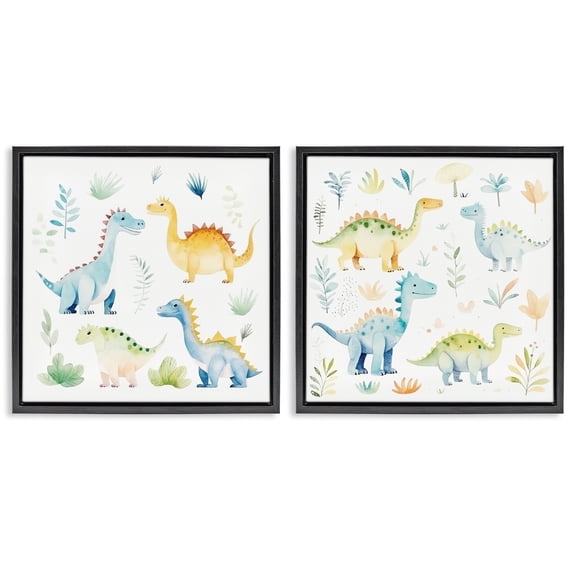 Stupell Industries Playful Dinosaur Wonders 2 Piece Black Framed Floater Canvas Set, design by Lazar Studio
