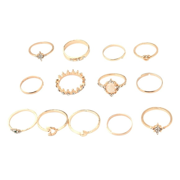 Juego de 13 anillos dorados retro con estrella y luna para mujer y niña, anillos apilables vintage estilo boho, aleación con diamantes de imitación, anillo geométrico retro, joyería