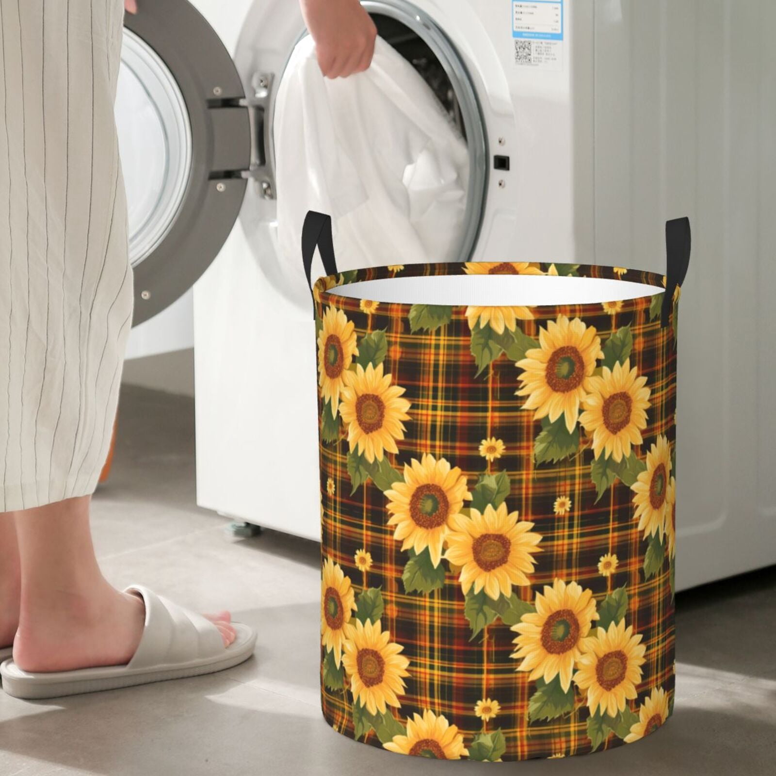 Fuzoiu Yellow Black Plaid Sunflower Print Circular Hamper,Laundry Basket with Handle,Collapsible Laundry,Dirty Clothes Storage Basket,for Bedroom Bathroom Dorm Living Room-Small