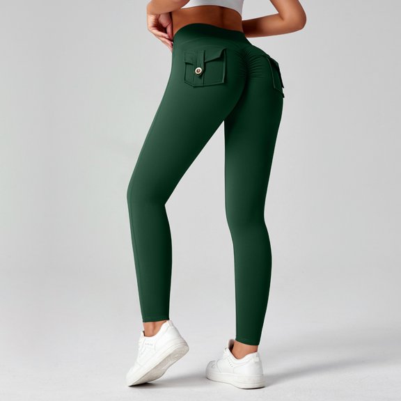 High Waist Tummy Control Leggings for Women, Butt Lifting with Back Pockets, Ideal for Yoga Gym Everyday Outfits Dark Green L
