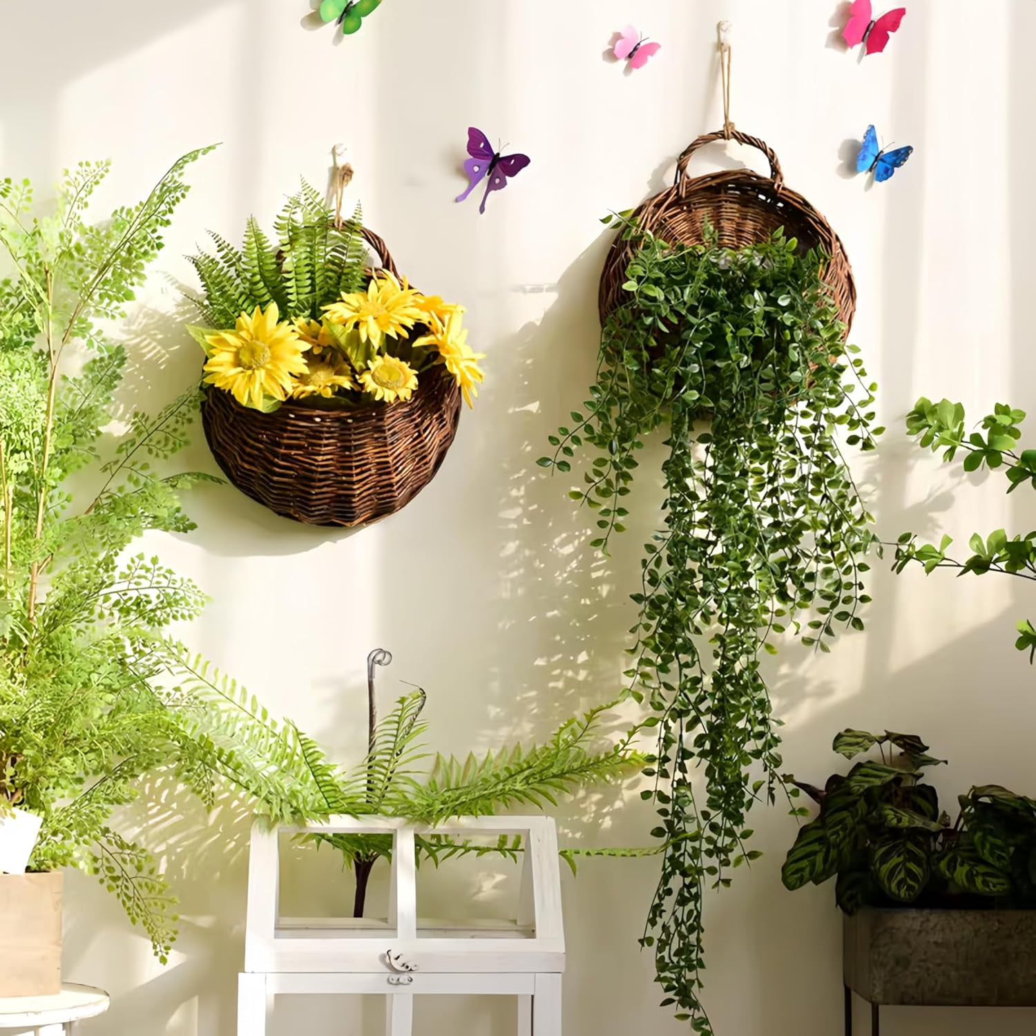 Wall Hanging Woven Baskets: Hanging Wall Basket, Hanging Planter, 2Pcs Waterproof Wicker Baskets with Handle, for Flowers Plants Outdoor Front Door Home Garden, Hanging Wicker Basket