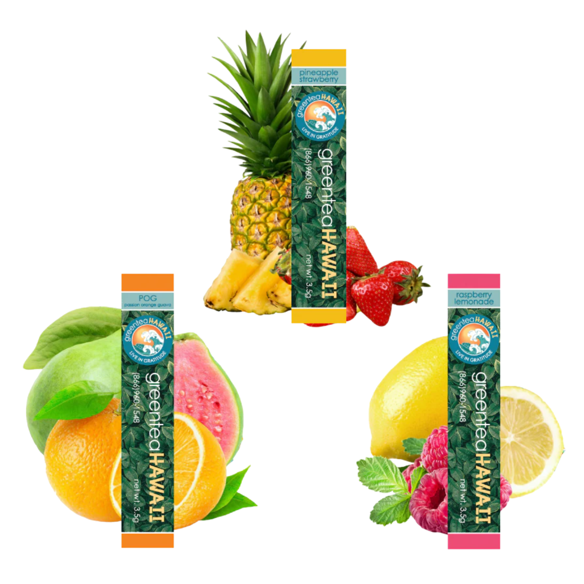 Green Tea Hawaii Pineapple Strawberry, Raspberry Lemonade, and Passion Orange Guava Fruit Flavored Tea Powder for Weight Loss 20 Packets Each Flavor