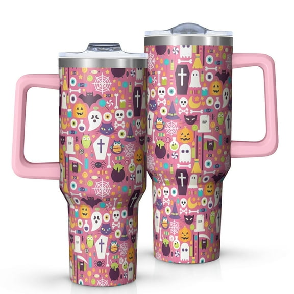 Halloween Cute Icons on Pink Pattern Tumbler with Handle and Lid,40oz Double Wall Vacuum Insulated Tumbler,Cups Gift for Women and Men