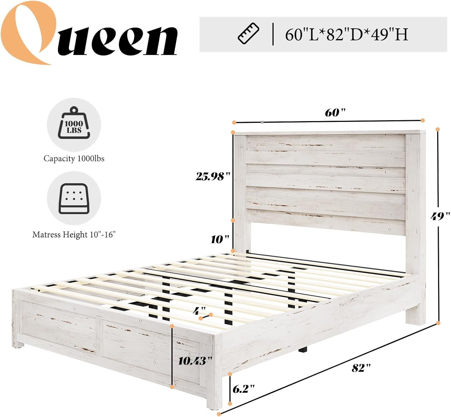 LUXOAK Queen Size Bed Frame with Natural Wood Platform, 49" Fluted Headboard, White