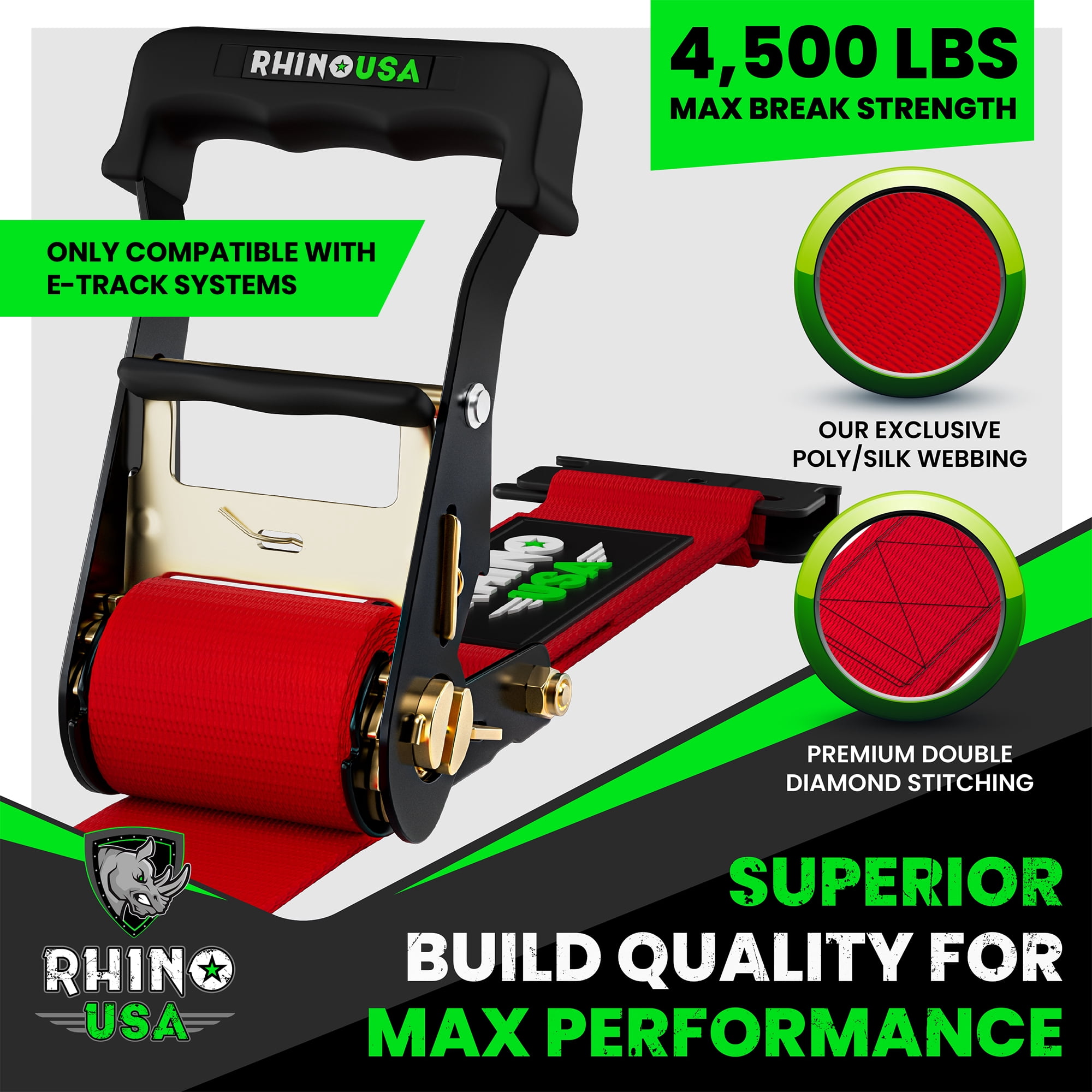 Rhino USA E Track Ratchet Tie Down Straps (4,500lb Break Strength) - w/ (2) Premium 2" x 16' eTrack Tie Down