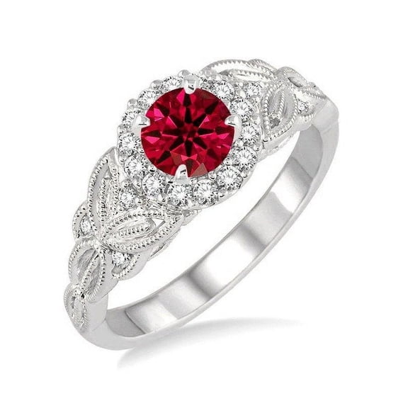 Bestselling On Sale: 1.25 Round cut Ruby and Diamond Engagement Ring in 14k White Gold affordable Ruby & diamond engagement ring