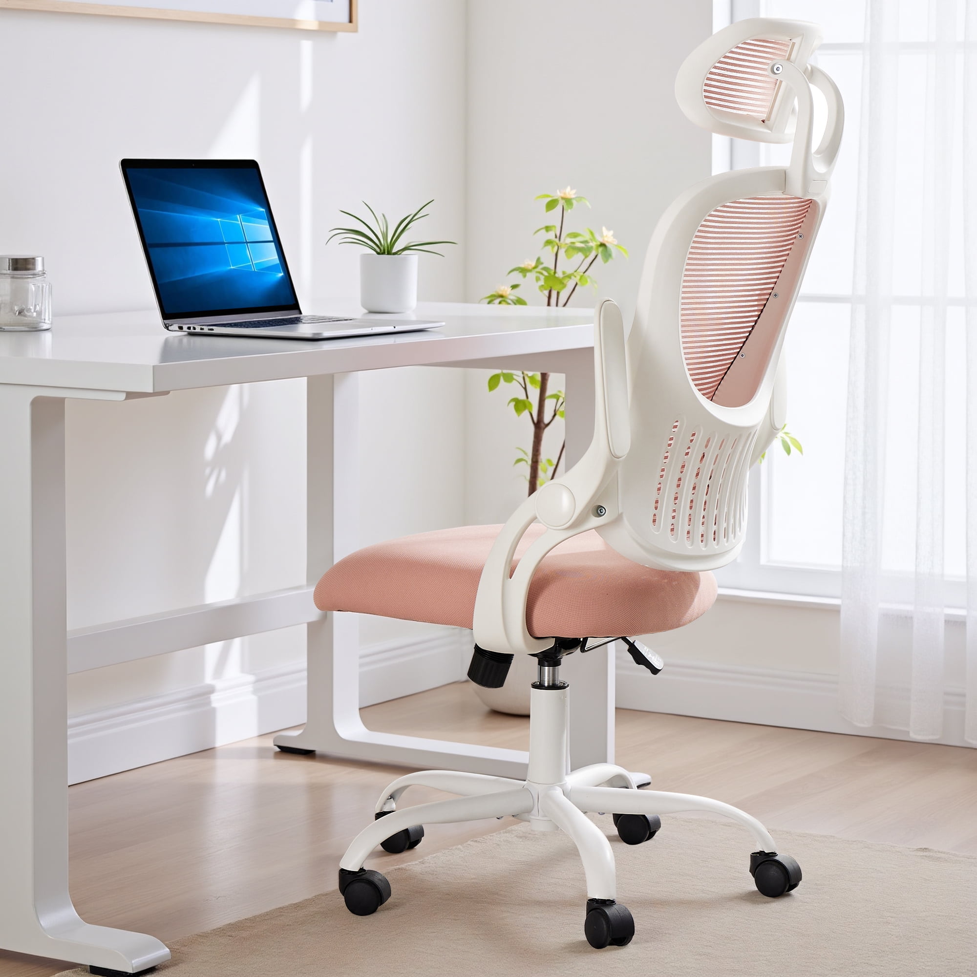 Ergonomic Office Desk Chair, High-Back Mesh Computer Chair with Adjustable Headrest, Lumbar Support, Flip-Up Armrests, Swivel Rolling Task Chair for Home Office, Pink