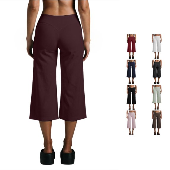 WAYUTE Women's Capri Pants High Waist Flowy Workout Straight Leg Lifting Wide Leg Stretchy Yoga Running Gym Trousers Summer Casual Outdoor,,XL
