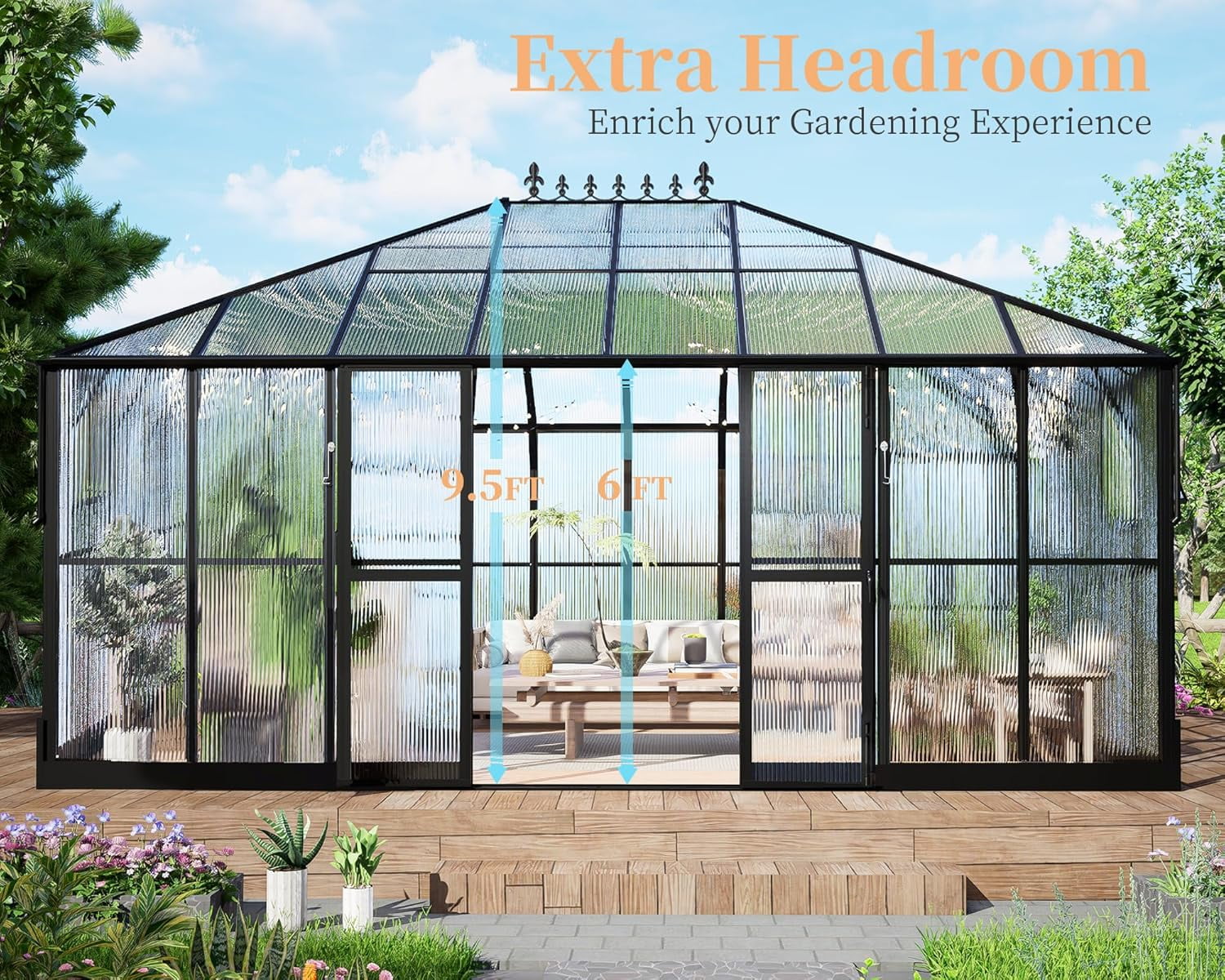 Jocisland 16x12x9.5 ft Polycarbonate Walk-in Greenhouse - 6 ft Wall Height Outdoor Aluminum Greenhouses with 2 Vent Windows, for Backyard Garden