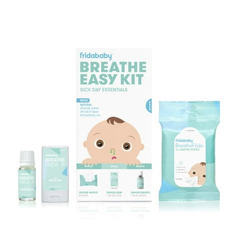 Frida Baby Breathe Easy Sick Day Essentials Kit with Vapor Rub, Drops, and Wipes for Kids Decongestant Relief, 3 Pieces