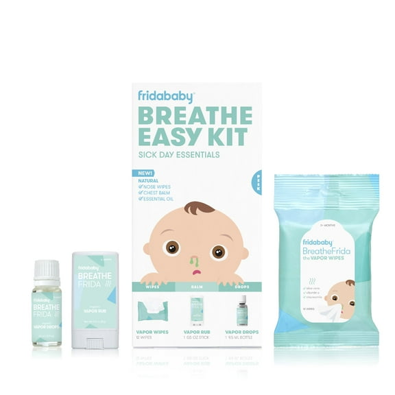Frida Baby Breathe Easy Sick Day Essentials Kit with Vapor Rub, Drops, and Wipes for Kids Decongestant Relief, 3 Pieces