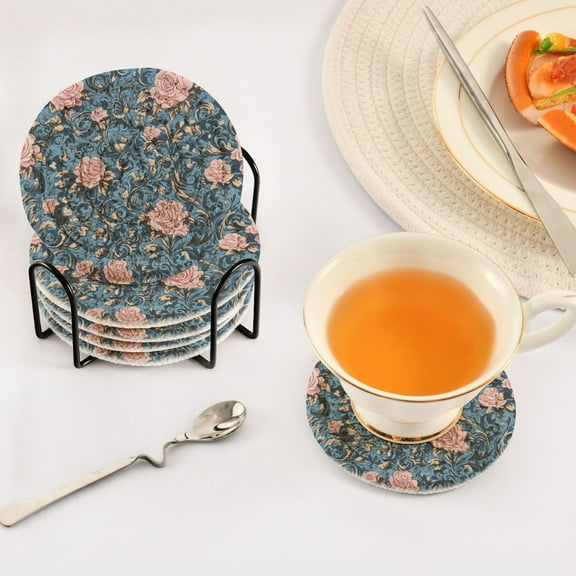 YAZAOO 6Pcs Drink Coasters With Holder 3.94Inch Timeless Roses on Azure Creative Coil Coaster Coasters Colors Absorbent Coasters for Drinks Coasters Set Thicken Heat for Home Table