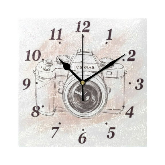 Hand Drawn Camera Wall Clock Square Clock Decoration Creative Clock Dual Use Black Pointer 7.78in